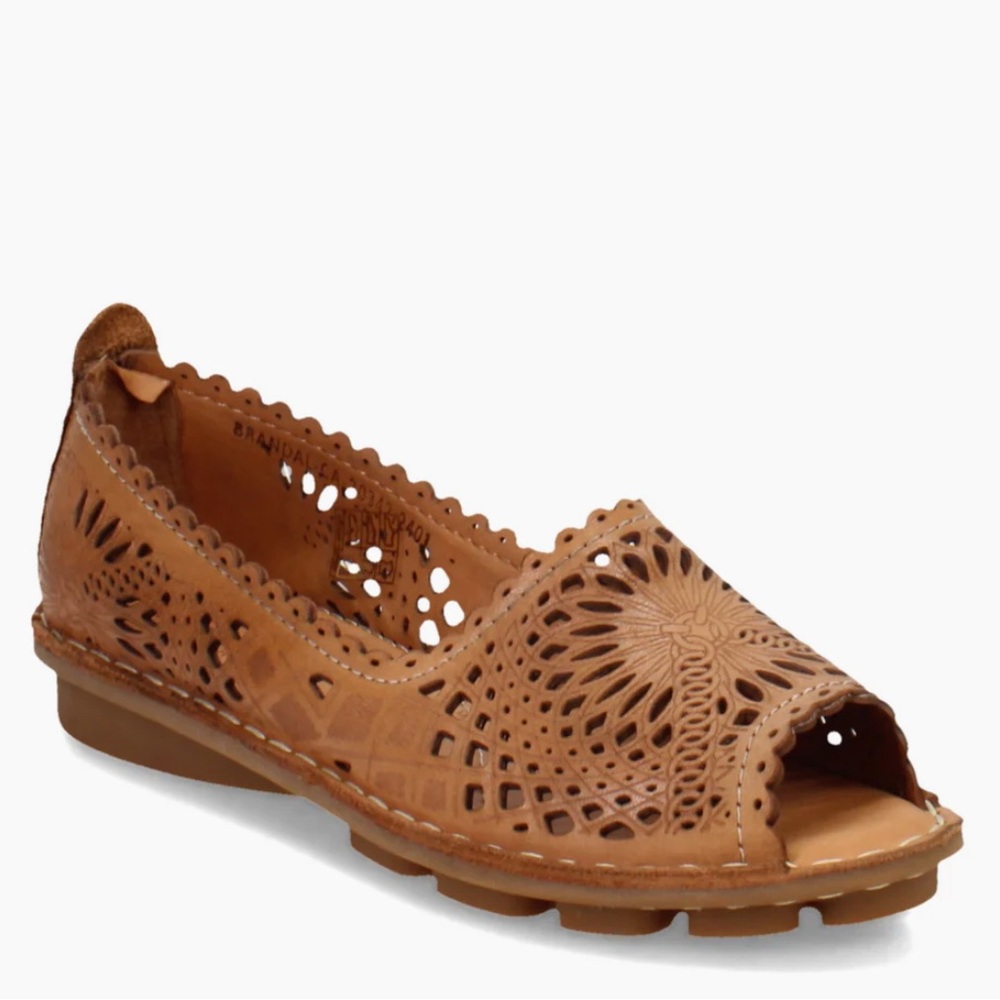 Spring Step Tan Peep-Toe 100% Leather Slip On Sandles  Cut Outs‎ Size 9.5 (40)
